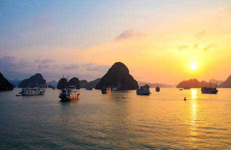 sunset over halnog bay in vietnam