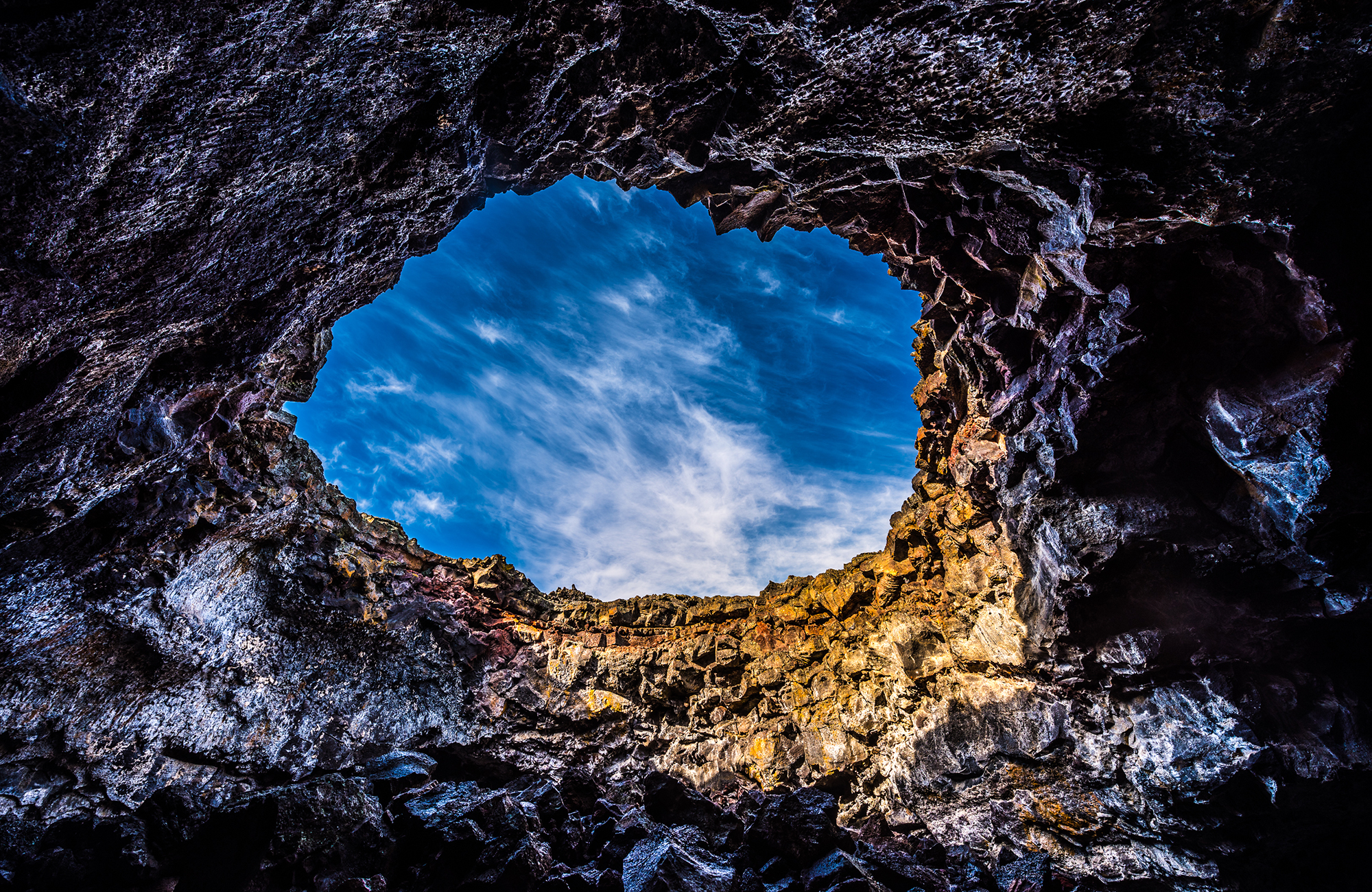 Picture of one of the Craters of the Moon in Idaho, from below. 