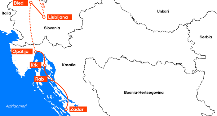 slovenian ja kroatian kiertomatka kartalla