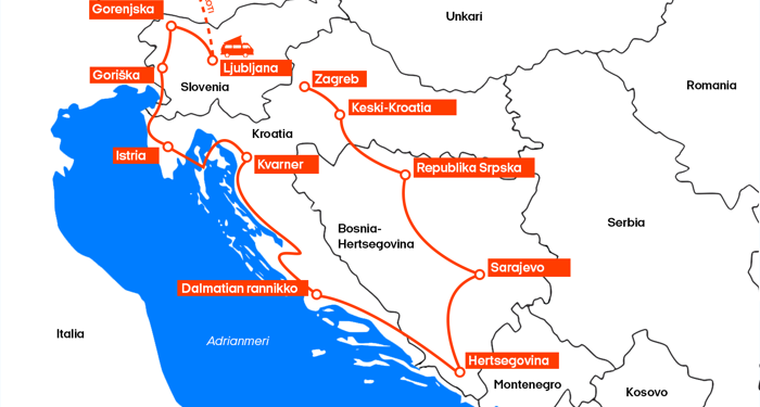 Länsi-Balkanin road trip kartalla