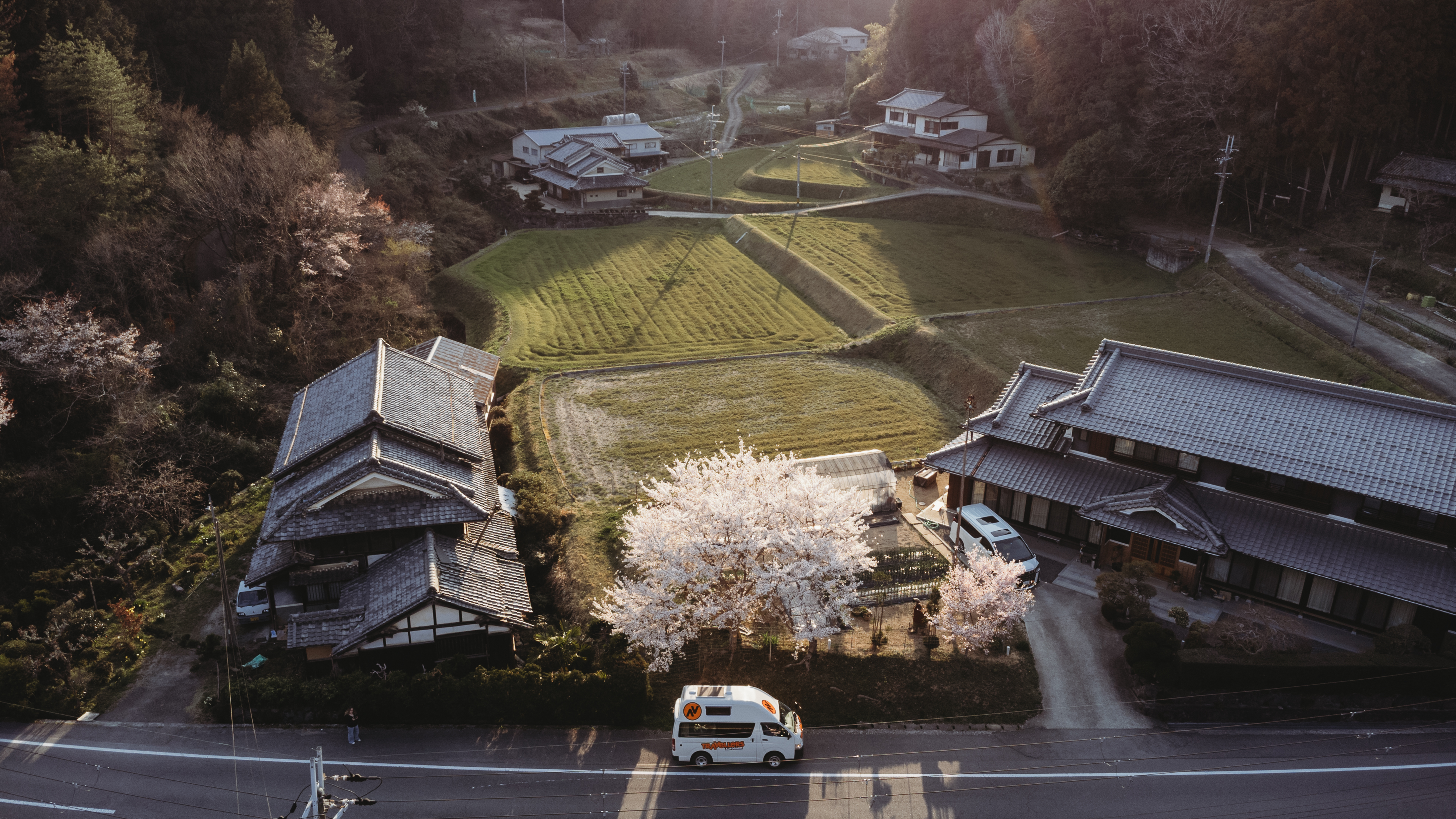 Campervan driving through the Japanese countryside, with green fields and trees full of cherry blossom 