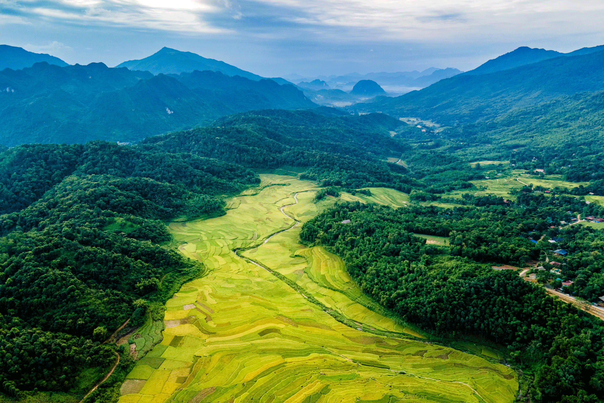 Green mountainous rice fields in Pu Luong Nature Reserve in Vietnam